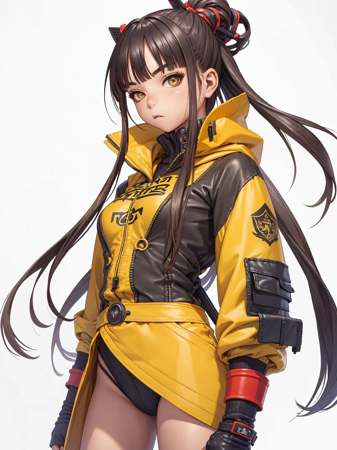 (((Yellow Jacket))), (((cinta-liga com meias 3/4))), 1 garota, Yellow is the predominant color, (((Sozinho))), pirralha violento, (((hayabuza))), (((hornet colors))), , sexy, pose de atitude, obra de arte, post-apocalypse, (((manga style))), Bounty Hunter, violento, Manic, cara de mau, corpo esguio, magra mas forte, corpo perfeito, roupa moderna, segurando uma espada samurai, cabelo bob desarrumado, cabelo colorido, (((melhor qualidade))), Minissaia com pregas ou shorts curtos com estampa xadrez em vermelho e preto, jaqueta tipo gola de pele, sleeves with vertical striped pattern, fundo neutro, (( tiro de vaqueiro )). Visual intrincado, Base Shiori, cabelo com cores divididas, enfeite de cabelo, gargantilha, vestido preto com fita branca, jaqueta preta, cinto, asymmetrical pants, estilo de arte shinkiro, Estilo Masamune Shirow