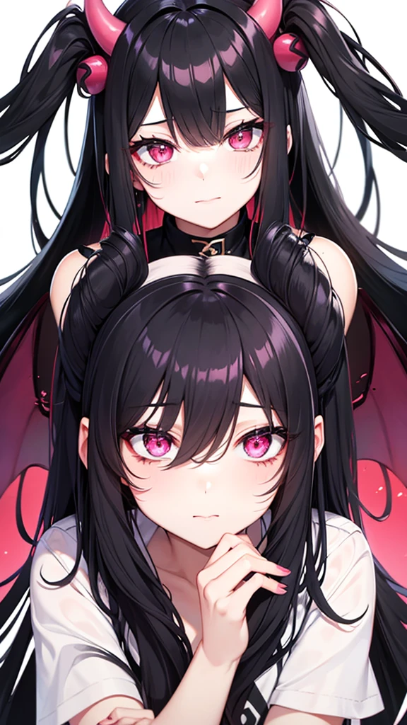 Black Hair Long Hair Pink Eyes moon Devil horns Devil's Wings Smirking face