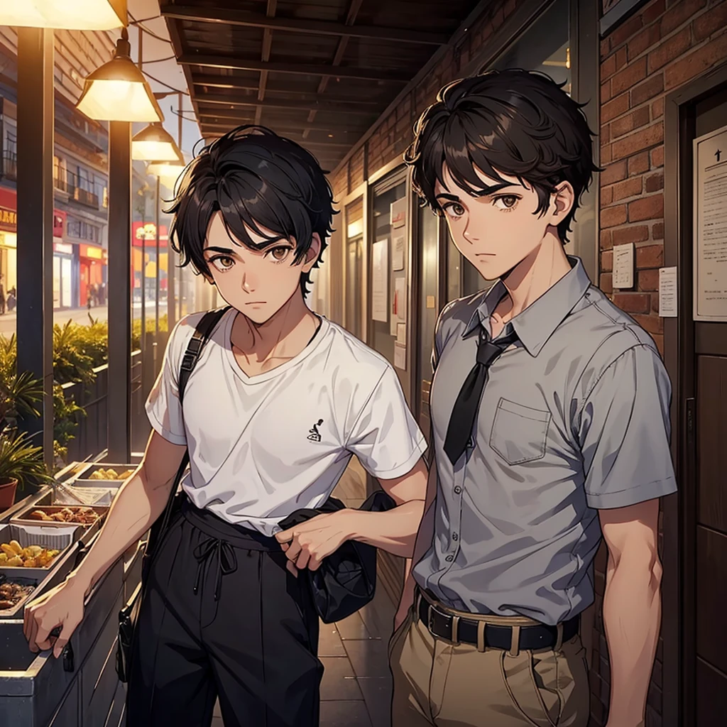 Male teenager character with brown eyes and short black hair in Mappa art style. He is pictured in a gray shirt. Ele tem barba curta no estilo cavanhaque estendido .He is also tender. He is also fair. A arte deve ter a melhor qualidade, com recursos ultra-detalhados e realistas. A paleta de cores deve ser viva, and lighting should emphasize the character's structure and facial expression.