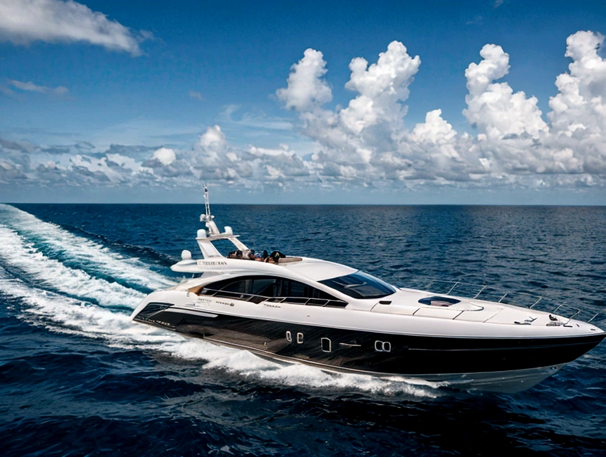 Realistic photography of a woman standing on front of a luxury speed boat, in the ocean.
