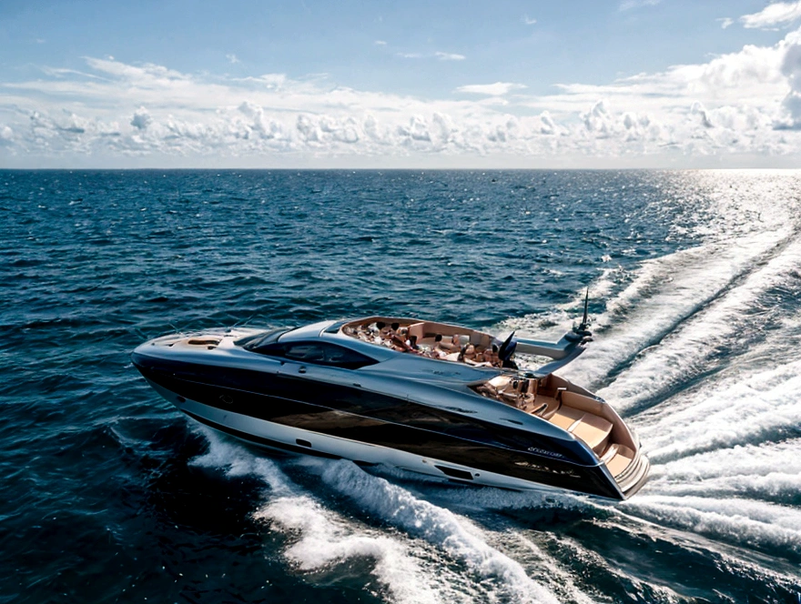 Realistic photography of a woman standing on front of a luxury speed boat, in the ocean.