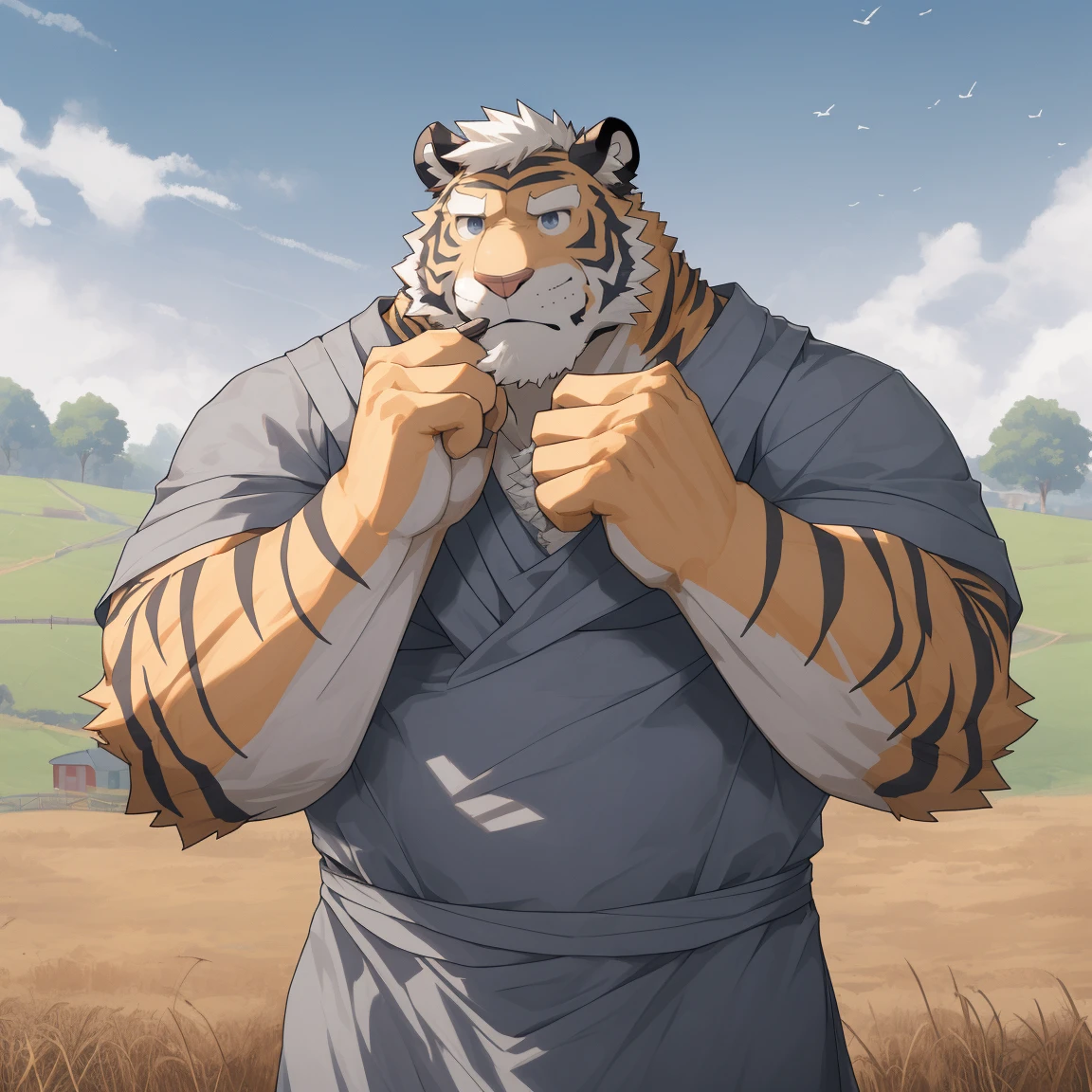 masterpiece, best quality, 8k resolution, Very detailed, hairy,tiger,((White short hair)),Strong body,((Middle-aged uncle)),(((Blue eyes))),For the audience,portrait,(Highest quality scene),(((Gray cloth))),((Solitary)),Black trousers,whole body,((Touching his chin and thinking)),(Mature),(((rural))),((yellow fur)),Standing,((farmer))