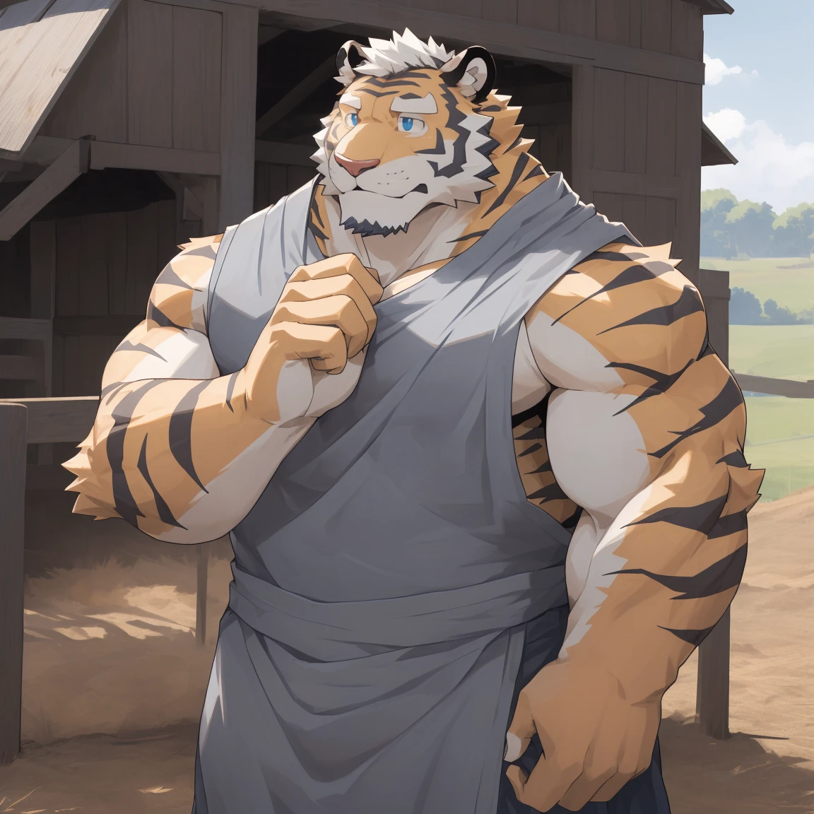 masterpiece, best quality, 8k resolution, Very detailed, hairy,tiger,((White short hair)),Strong body,((Middle-aged uncle)),(((Blue eyes))),For the audience,portrait,(Highest quality scene),(((Gray cloth))),((Solitary)),Black trousers,whole body,((Touching his chin and thinking)),(Mature),(((rural))),((yellow fur)),Standing,((farmer))