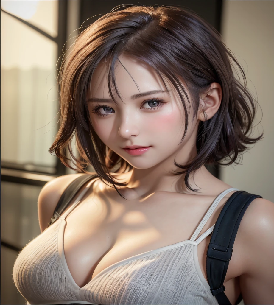 (8K, Photorealistic, Raw photo, of the highest quality: 1.3), (1girl in), Super beautiful, (Realistic face), (boyish, Silver Color Berry Shorthair), Beautiful , Glare that captivates the viewer, Beautiful expression, Beautiful breasts, (Realistic skin), Be...