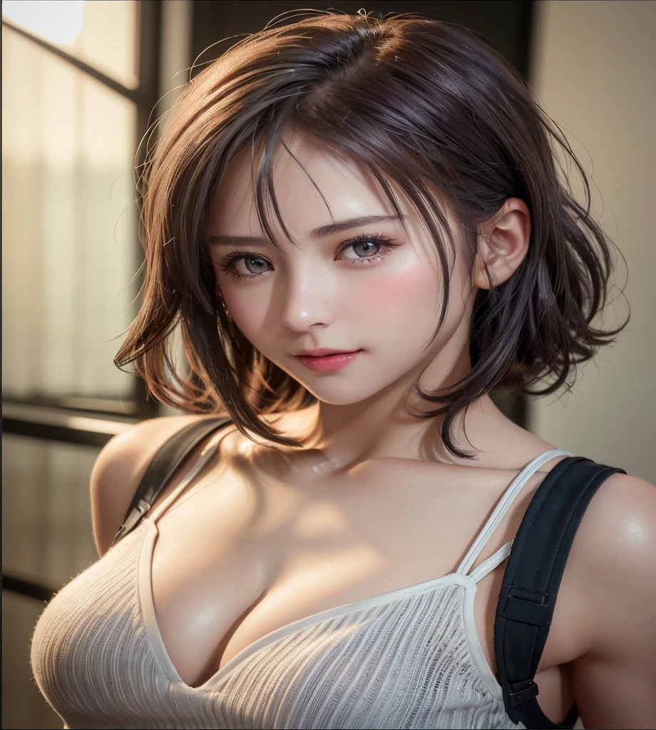 (8K, Photorealistic, Raw photo, of the highest quality: 1.3), (1girl in), Super beautiful, (Realistic face), (boyish, Silver Color Berry Shorthair), Beautiful , Glare that captivates the viewer, Beautiful expression, Beautiful breasts, (Realistic skin), Be...