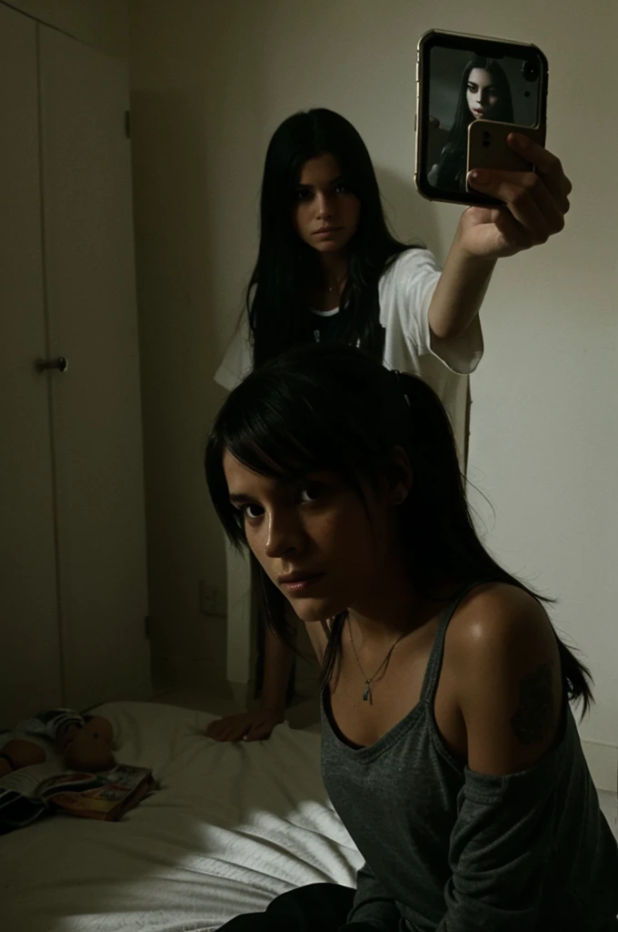 a selfie of poor quality in a room on a bed, 2000, emo, a girl takes a bad selfie, dark shadows