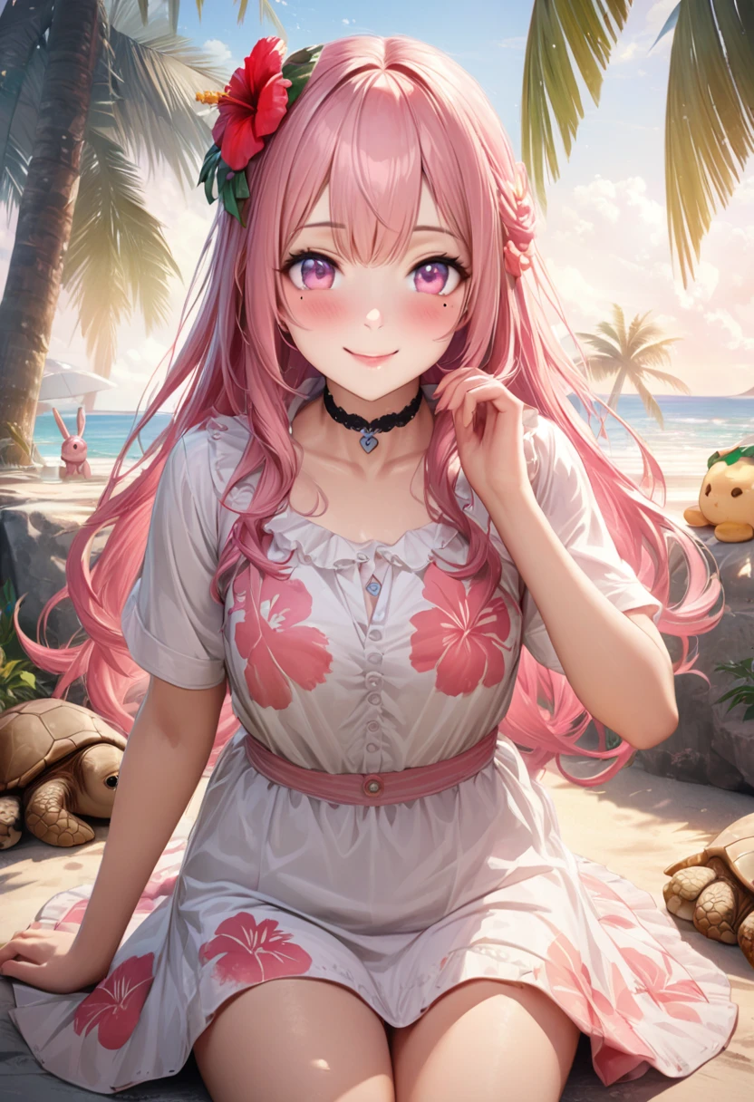 Masterpiece, Best Quality, Highly Detailed, High Definition, High Definition, High Definition, 4k, 8k, Unity 8K Wallpaper, Highly Detailed CG, Masterpiece, Realistic, Beautiful Details, Depth, Fine Texture, Best Quality: 1.3, Total concentration, perfect skin, boyfriend, very cute anime, cute like an idol, tall pink semi-long hair, one girl, Hawaiian dress, cute stuffed rabbit, stuffed sea turtle, palm tree, greeting, hibiscus hair decoration, smile, morning, breakfast, long pink hair, whole body, mole under the eye, gaze, high, blush, lips parted, his art, pink eyes, choker