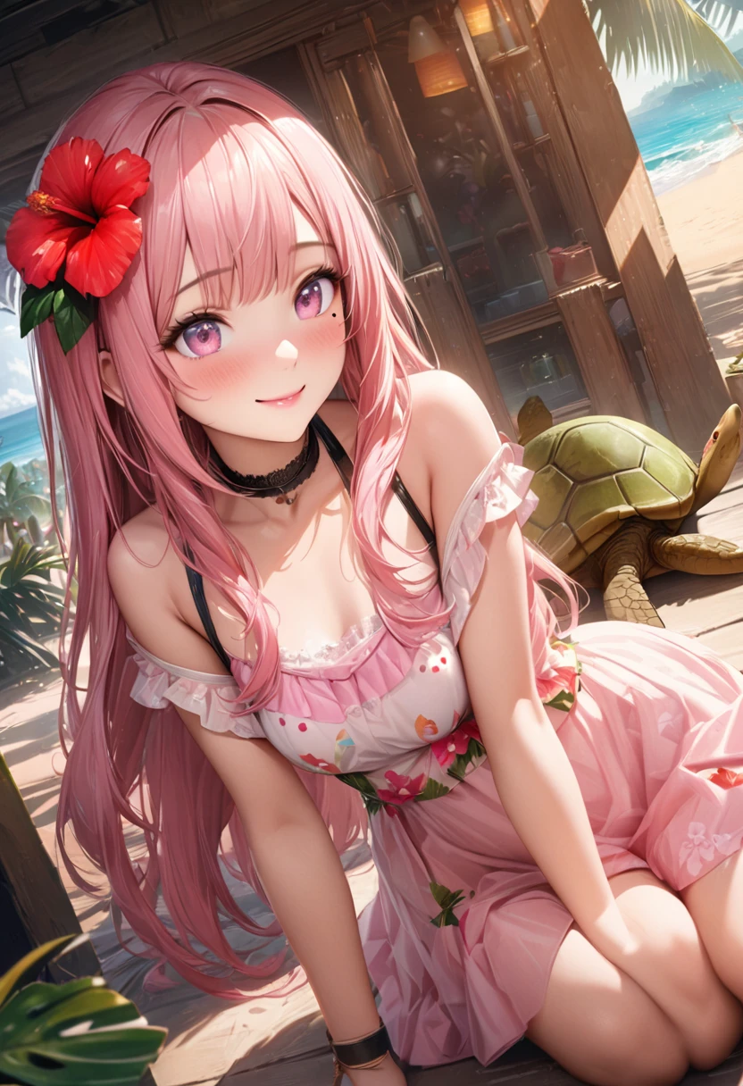 Masterpiece, Best Quality, Highly Detailed, High Definition, High Definition, High Definition, 4k, 8k, Unity 8K Wallpaper, Highly Detailed CG, Masterpiece, Realistic, Beautiful Details, Depth, Fine Texture, Best Quality: 1.3, Total concentration, perfect skin, boyfriend, very cute anime, cute like an idol, tall pink semi-long hair, one girl, Hawaiian dress, cute stuffed rabbit, stuffed sea turtle, palm tree, greeting, hibiscus hair decoration, smile, afternoon, coffeetime,long pink hair, whole body, mole under the eye, gaze, high, blush, lips parted, his art, pink eyes, choker