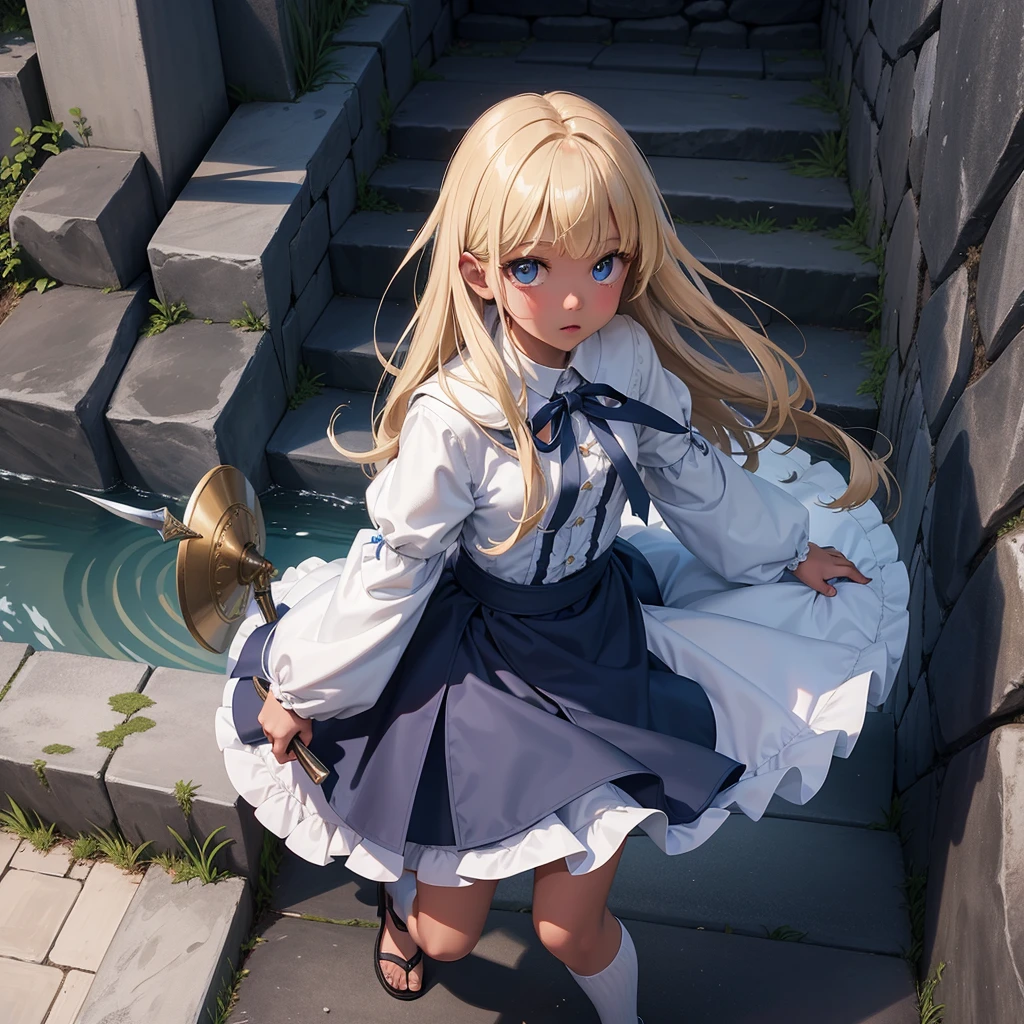 最high quality、high quality、、Wearing a wedge coat、Girl Adventurer、Climb the labyrinth stairs、Long skirt、Equipped with a dagger and a shield、