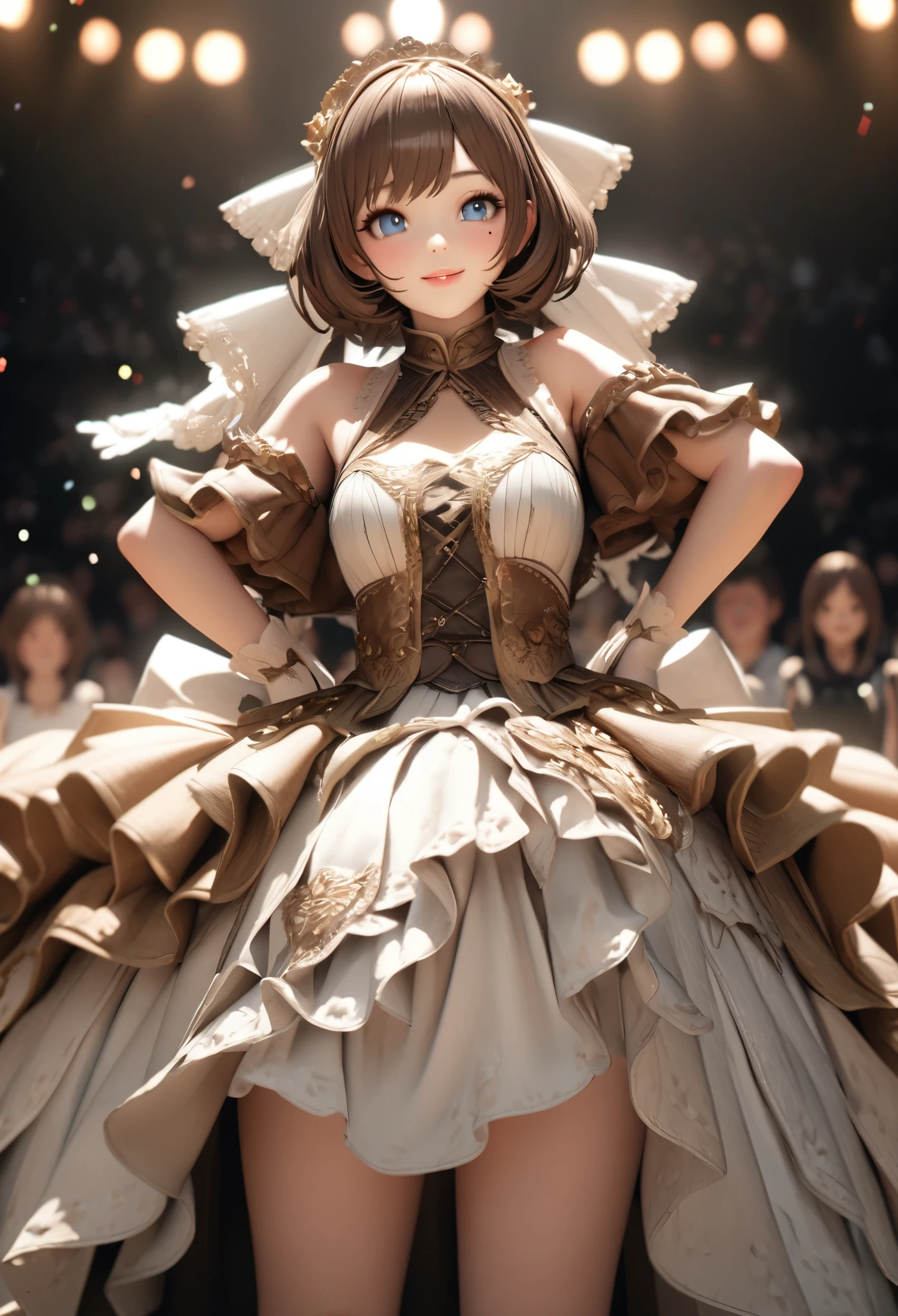 One Girl、Looking at the audience、
Beautiful Blue Eyes、Brown short hair、Mole under the eye、Plump and glossy lips、Heart-shaped choca、Idol、smile、ー、。.。.。.。.。.。.。.。.。.。.。.。.。.。.。.。.。.。.3D、Realistic、
Princess dress with too many frills、Drape clothes、gem、The decoration has been removed、Floral、Lace trim、bright stage、
masterpiece、highest quality、8k、Detailed skin texture、Detailed cloth texture、Beautifully detailed face、Intricate details、Very detailed、
超A high resolution、8K Ultra HD、Film Grain、Best Shadow、delicate、Staring at the audience、front