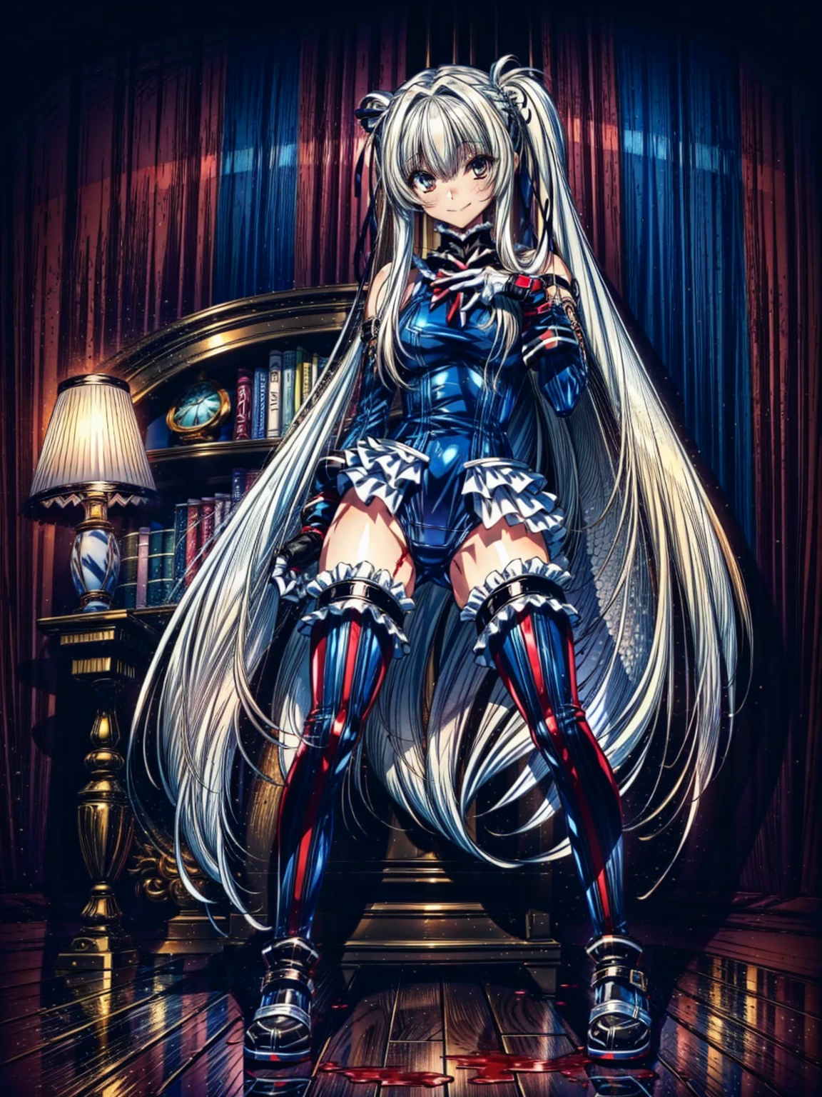 best masterpiece, ultra detailed, best quality, sharp focus, 12K, super high resolution picture, big tits,4K,Perfect Anatomy, highest quality, Marie Rose,Wicked Smile,Provocative attitude
,,Wicked Smile,Anime Style,(Ruffled swimsuit, Knee socks, Removed sleeve), (Anime Style:1.4) ,
,(White fingers:1.1,Black gloves),
Hollow Eyes,,1 Girl、(bloody room:1.4),,(very long hair:1.6),(full body:1.4),