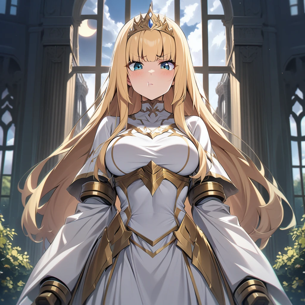 {{upper body, straight-on}} {{Artist: moisture_(chichi)}} 1 woman, 2 guards on either side restraining her, 2 men wearing armor, mature female, elegant, princess, medium breasts, straight hair, golden hair, long hair, hime cut, green eyes, white dress, gold trim, tiara, looking at viewer, pout, restrained by two men, faceless male, outdoors, garden, palace, cloudy, moonlight, window.
