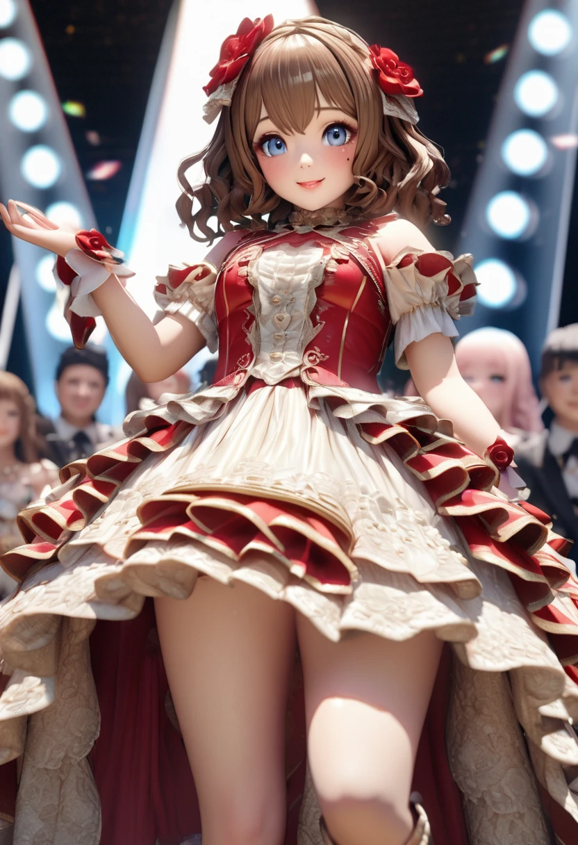 One Girl、Looking at the audience、
Beautiful Blue Eyes、Brown short hair、Mole under the eye、Plump and glossy lips、Heart-shaped choca、Idol、smile、ー、。.。.。.。.。.。.。.。.。.。.。.。.。.。.。.。.。.。.3D、Realistic、
Princess dress with too many frills、Drape clothes、gem、The decoration has been removed、Floral、Lace trim、bright stage、
masterpiece、highest quality、8k、Detailed skin texture、Detailed cloth texture、Beautifully detailed face、Intricate details、Very detailed、
超A high resolution、8K Ultra HD、Film Grain、Best Shadow、delicate、Staring at the audience、front