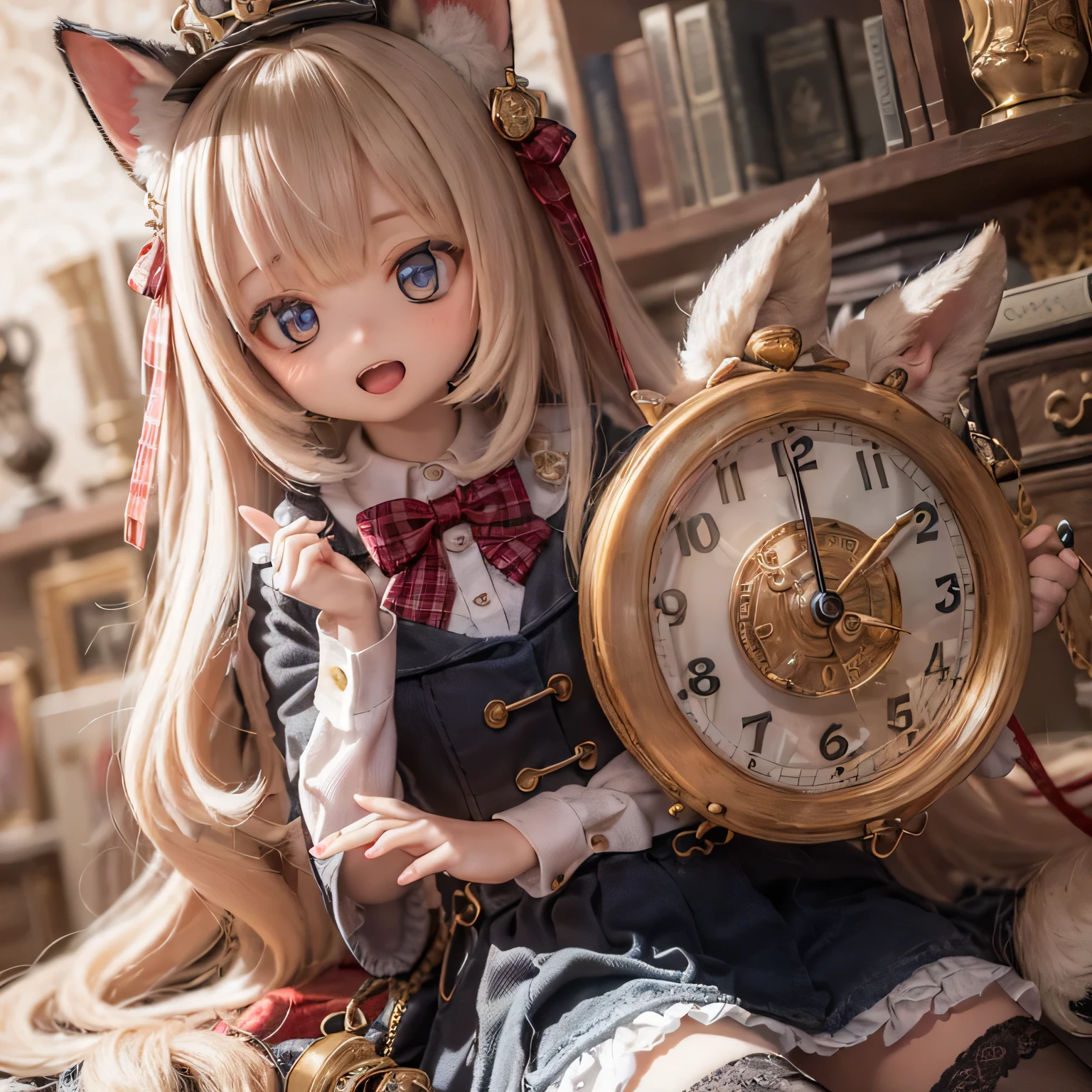 The rabbit girl is holding a big clock with Alice_Wonderland