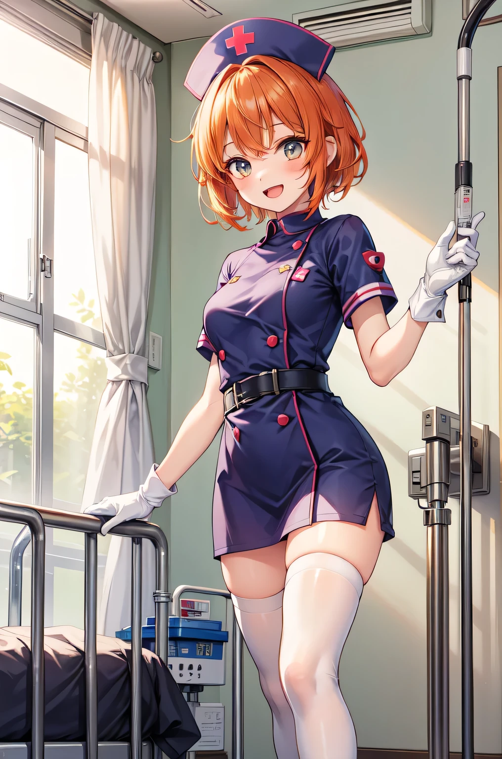 1girl, solo, nurse, nurse cap, white nurse uniform, ((white legwear, zettai ryouiki)), white gloves, very short hair, orange hair, smile, open mouth, standing, ((hospital room)), sharp outline, short sleeves, tomboy, boyish, best quality, masterpiece