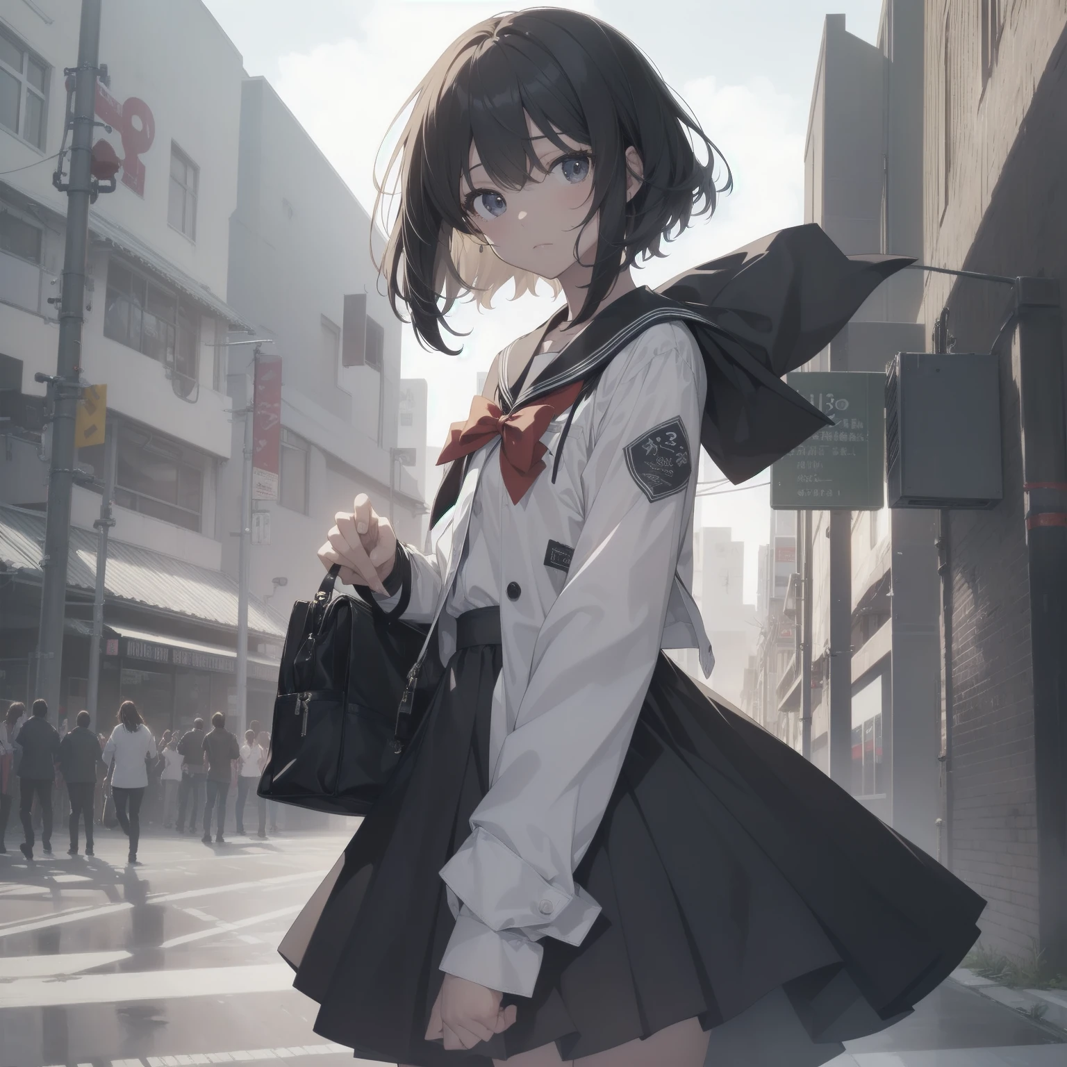 ultra-absurdres-Top quality by artist God, ultra-detailed, high resolution, anime moe artstyle, best anime 8k konachan wallpaper, pixiv contest winner, pool:2810, perfect anatomy,break, 1girl, (Please draw a girl walking sleepily to school alone. )break,(Solo,little female, 13-year-old:1.3),Full limbs, complete fingers,a junior high school student, (very short hair), short cut, flat chest, , small butt, small black eyes, beautiful detailed eyes, well-proportioned iris and pupils, expressive eyes, highres detailed hair, soft expression, salor school_uniform, sailor collar, serahuku, bow, pleated skirt,(Detailed Lighting), (Detailed background), in the School commute route. break,super detailed skin, Best cinematic lighting powered by famous artist, 8k,beauty illustration,photoshop_(medium),very aesthetic,break,((artist:neocoill )), artist:clamp ,artist:carnelian ,artist:kantoku ,