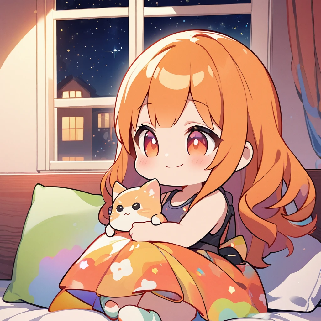 masterpiece、highest quality、Depth of subject、2D illustration、1 beautiful girl、solo, (((chibi style)))、cute chibi, lovely chibi, ((night)), ((window)), ((starry sky)), Long, beautiful hair、Shiny orange hair、cute、Beautifully detailed eyeini skirt))、((colorful))、Tank top、((happy smile))、sitting on bed, ((close up shot))、((Holding a kitten)), ((in the room))、((There's a lot of pink around))、((bed))、Thighs、((vivid color))、sparkle、((Lens flare))、