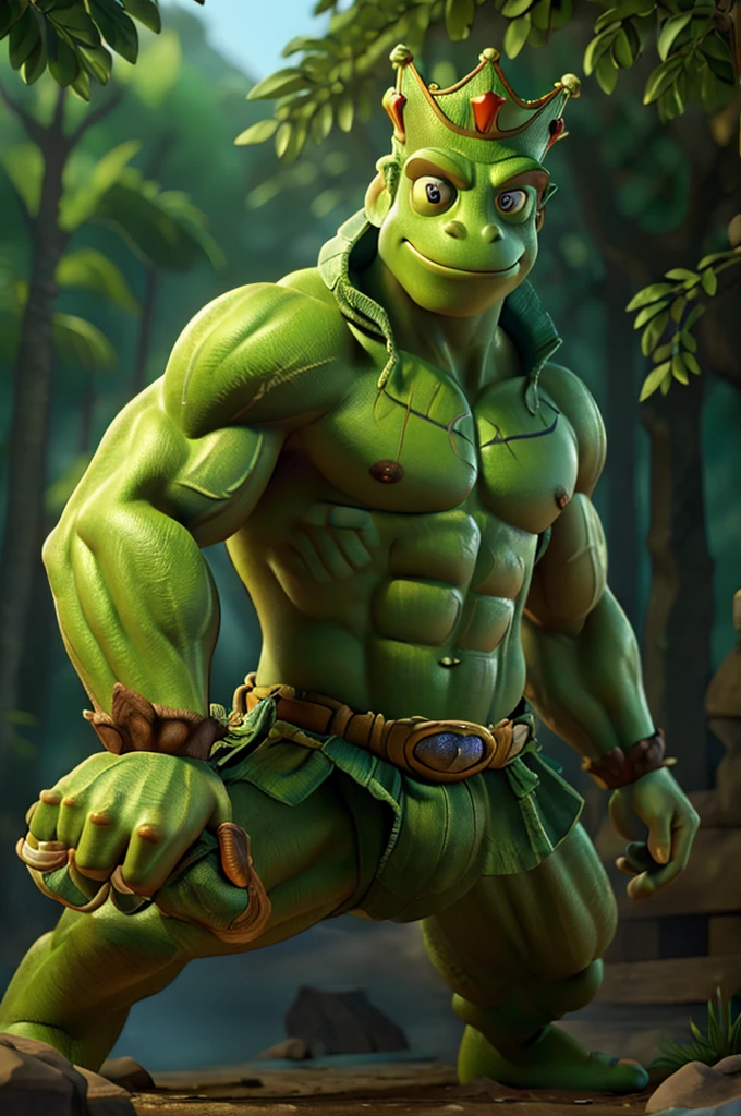 a muscular and powerful frog prince king with extremely detailed and realistic anatomy,huge biceps, piercing eyes, detailed facial features, intricate crown, dynamic pose, photorealistic, 8K, best quality, masterpiece, cinematic lighting, vibrant colors, fantasy art, in a forest