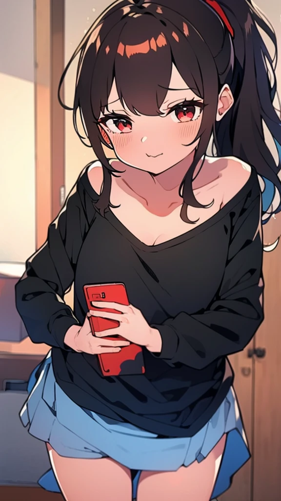 adulto, Cabello negro ondulado, mirada penetrante con ojos profundos de color rojo, estatura promedio, Silky hair with a ponytail hairstyle collected with a red bow with two white lines, tiene pechos medianos, primer plano, session, standing in the middle of his room [[[Risa malvada]]] , Sonrojada, muslos grandes, falda negra, blusa blanca, nsfw, calzon blanco, lifting her skirt to show her panties to the camera, lifting her skirt to show her panties, agarrando la falda con sus dos manos para levantarla, SHOWING PANTIES, calzon blanco, falda levantada 