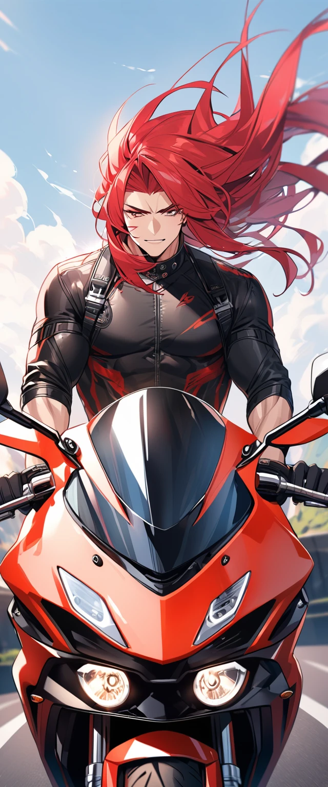 A muscular biker with long red hair and wears a motorcycle helmet.