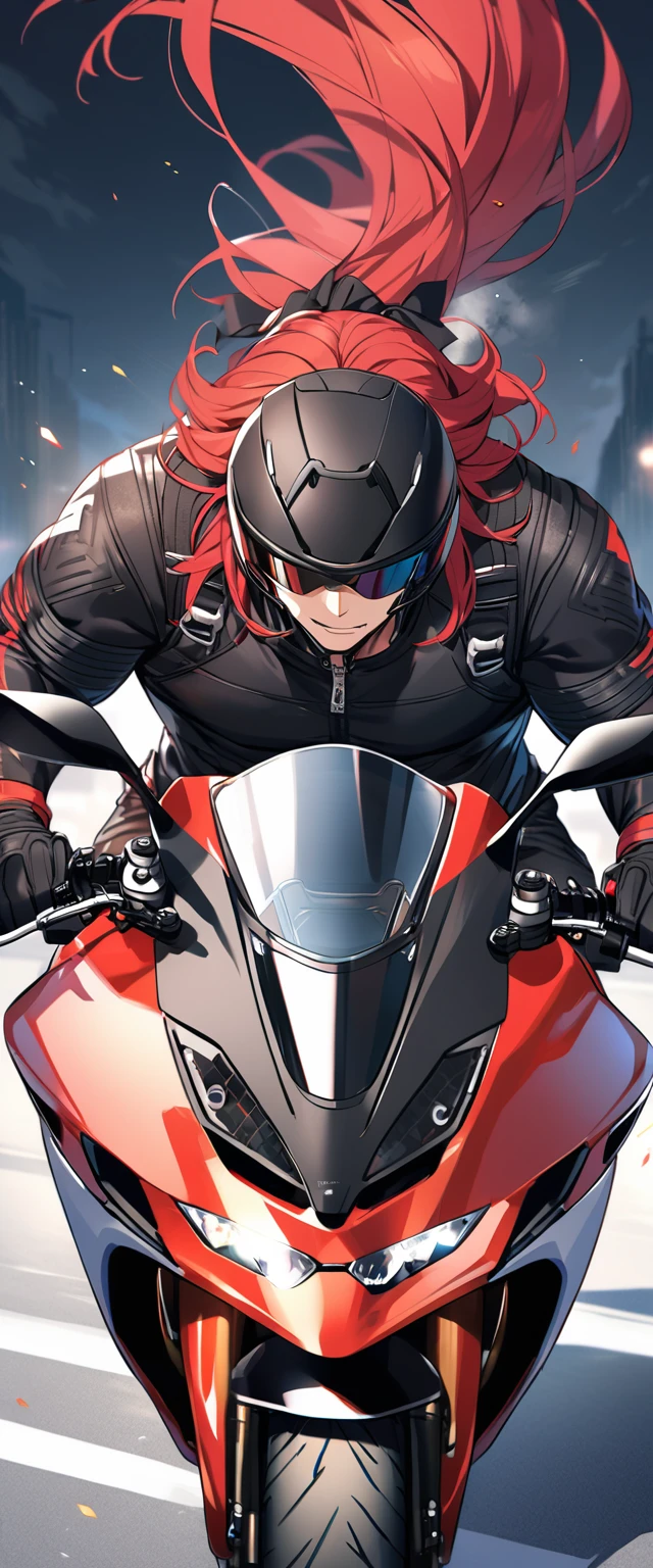 A muscular biker with long red hair and wears a motorcycle helmet.