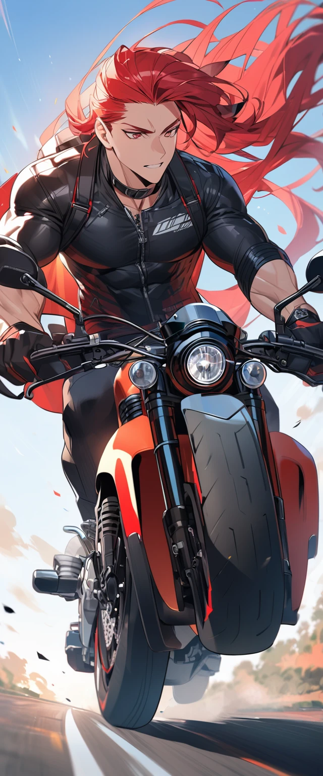 A muscular biker with long red hair and wears a motorcycle helmet.
