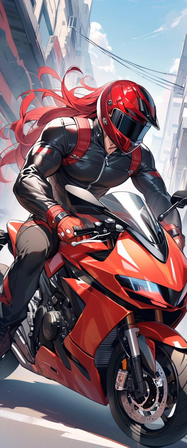 A muscular biker with long red hair and wears a motorcycle helmet.