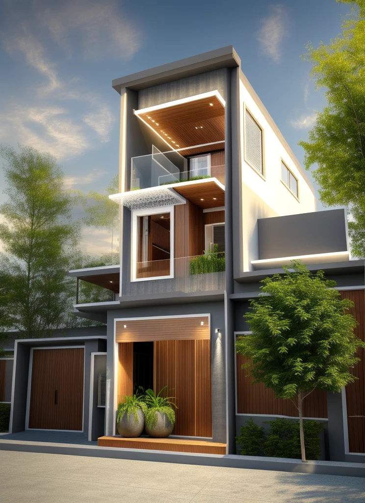 townhouse with bancony, white wall, glass rail, window, mental gate, ( realistic photo)