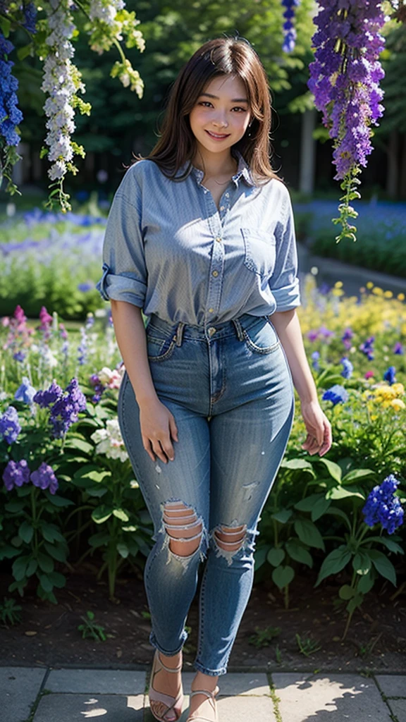 1 beautiful woman stands against of ((flower garden, a lot of Delphinium Flowers all over the place:1.5)) themed beautiful outdoor background and same themed patterned (Light purple button-down shirt tucked into denim cutoffs from "moussy", :1.3),
(from behind:1.3), (extreme close-up thighs:1.4), (fun smile:1.5), watercolor, reflection, highlight and shadow, ray tracing, dynamic angle, depth of field, 1000+ scatter petals, looking at viewer,(curvy body:1.3),(8k, RAW photo, best quality, masterpiece:1.2), ultra highres,High detail RAW color photo, professional photograph, full body, (realistic, photo realistic:1.37), ((best quality)), 1 girl, cinematic light, (finerly detailed face:1.2), (masterpiece:1.5), (best quality:1.2), (looking at viewer:1.2),japanese woman,