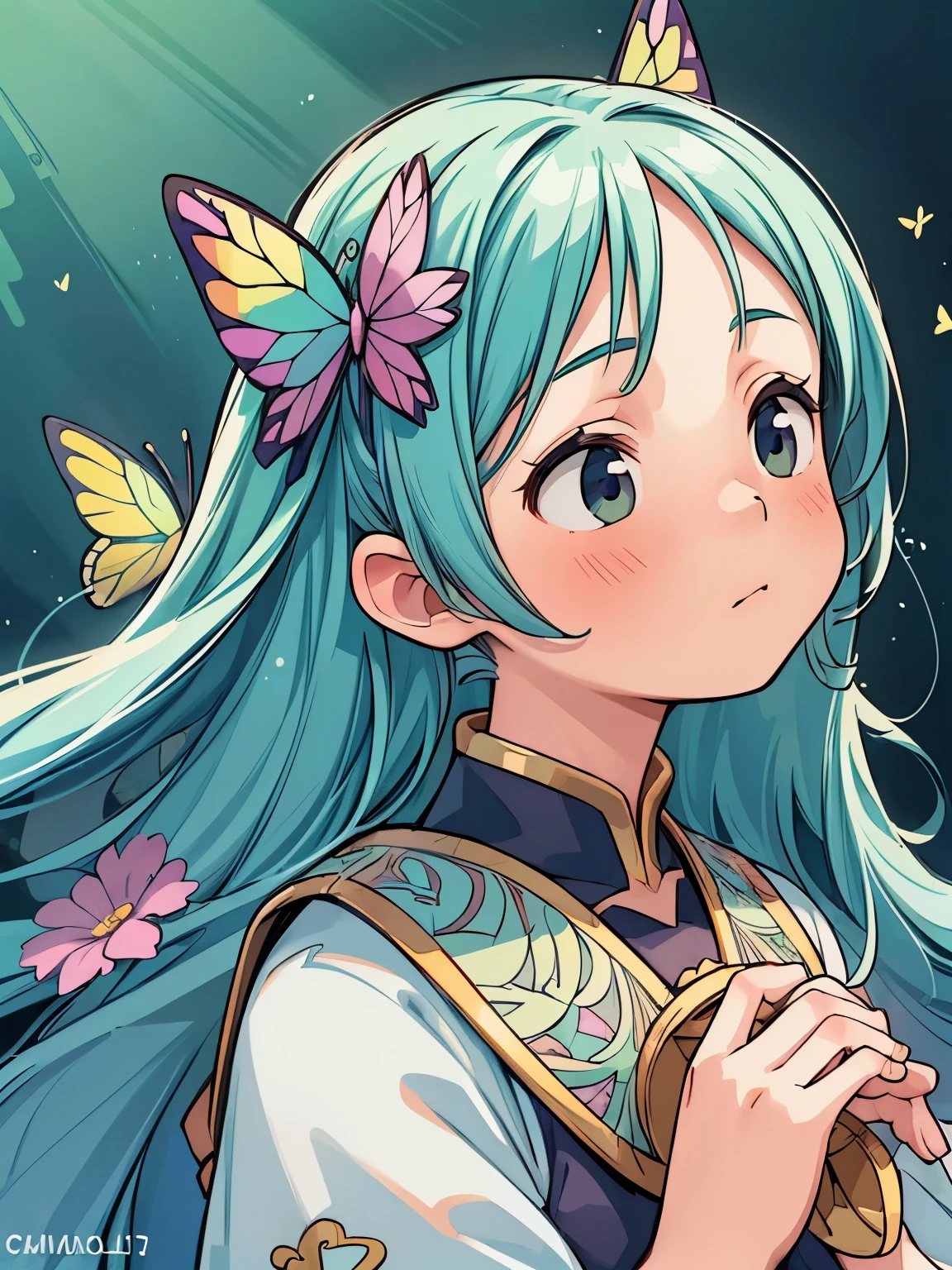 (masterpiece、highest quality、highest quality、Official Art、Beautiful and beautiful:1.2)、(One Girl:1.3)Hatsune Miku、Twin tails,Beautiful breasts,(((masterpiece))), ((Best Quality, Ultra-fine illustrations, Beautiful and delicate water)),Depth of written boundary, Amazing 8K CG wallpaper, ( Delicate Light), ((Cinema Lighting)),(Portraiture),Portrait Lens,(((Alphonse Mucha))),((Fantasy Style)),((Shine)),(((Tarot Cards)))
(Young girl),(((China_China dress))),(Delicate eyelashes),((Cute anime face)),(Very delicate and beautiful),(hair_flower),(gem),(crystallization),((colored inner long hair)),(Multicolor),(Beautifully detailed face ),((( detailed long hair ))),floating long hair,gradient hair,(race),(ribbon),((Crown)),(Detailed cloth)
((butterfly)),(detailed butterfly) ,(Multicolor butterfly),
(neon palette),((detailed flowers)) ,((Multicolor flowers)),(flowers_Surrounded),(butterfly_Surrounded)(((Fill the screenflowerが咲く))),((Fill the screen))