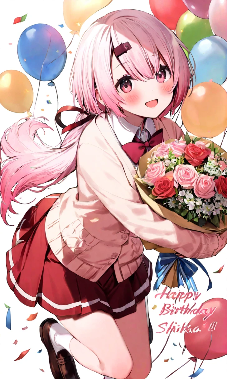 1girl, safe, shiina yuika, solo, long hair, looking at viewer, blush, smile, open mouth, skirt, hair ornament, bow, ribbon, , pink hair, flower, socks, virtual youtuber, hairclip, pink eyes, red skirt, rose, white socks, cardigan, loafers, happy birthday, bouquet, balloon, holding bouquet