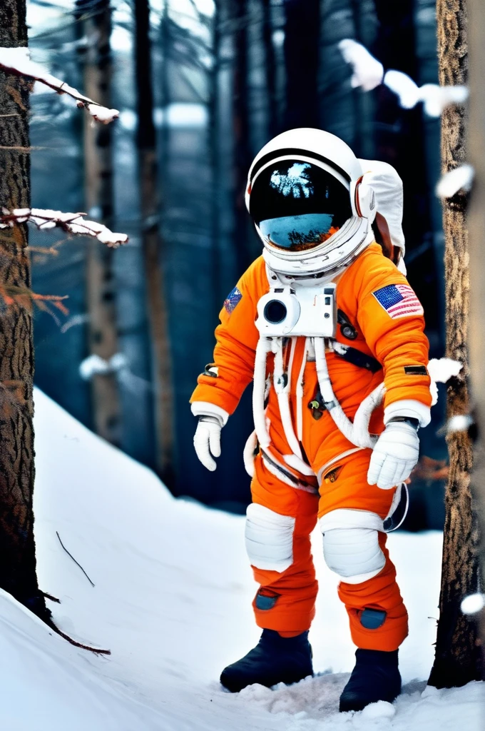 RAW Photos, delicate, highest quality,Hyper Detail, In detail, 8k, 32k, masterpiece,(Ultra-high resolution:1.2),Simamun in a spacesuit,The mission to the moon is ready, In the snowy forest、Cloudy Trees々and crunchy, cold,Hide in burrows and tree holes,Rim Light