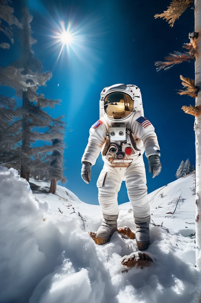 RAW Photos, delicate, highest quality,Hyper Detail, In detail, 8k, 32k, masterpiece,(Ultra-high resolution:1.2),Simamun in a spacesuit,The mission to the moon is ready, In the snowy forest、Cloudy Trees々and crunchy, cold,Hide in burrows and tree holes,Rim Light