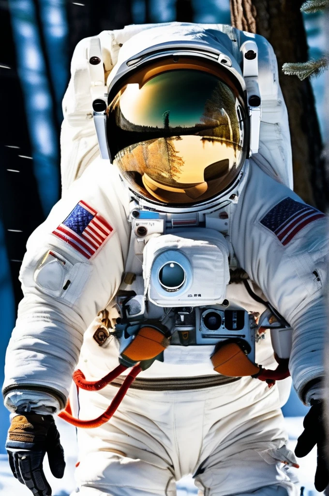 RAW Photos, delicate, highest quality,Hyper Detail, In detail, 8k, 32k, masterpiece,(Ultra-high resolution:1.2),Simamun in a spacesuit,The mission to the moon is ready, In the snowy forest、Cloudy Trees々and crunchy, cold,Hide in burrows and tree holes,Rim Light