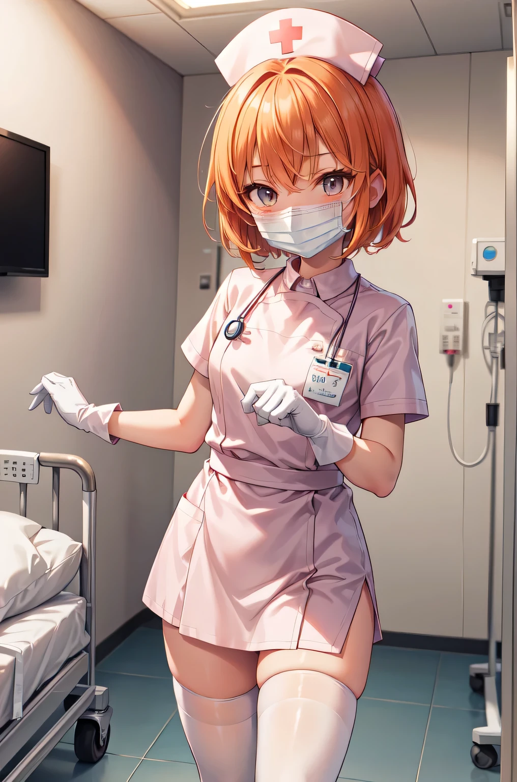 1girl, solo, nurse, nurse cap, white nurse uniform, ((white legwear, zettai ryouiki)), white gloves, very short hair, orange hair, ((white surgical mask, covered nose)), standing, ((hospital room)), sharp outline, short sleeves, tomboy, boyish, best quality, masterpiece