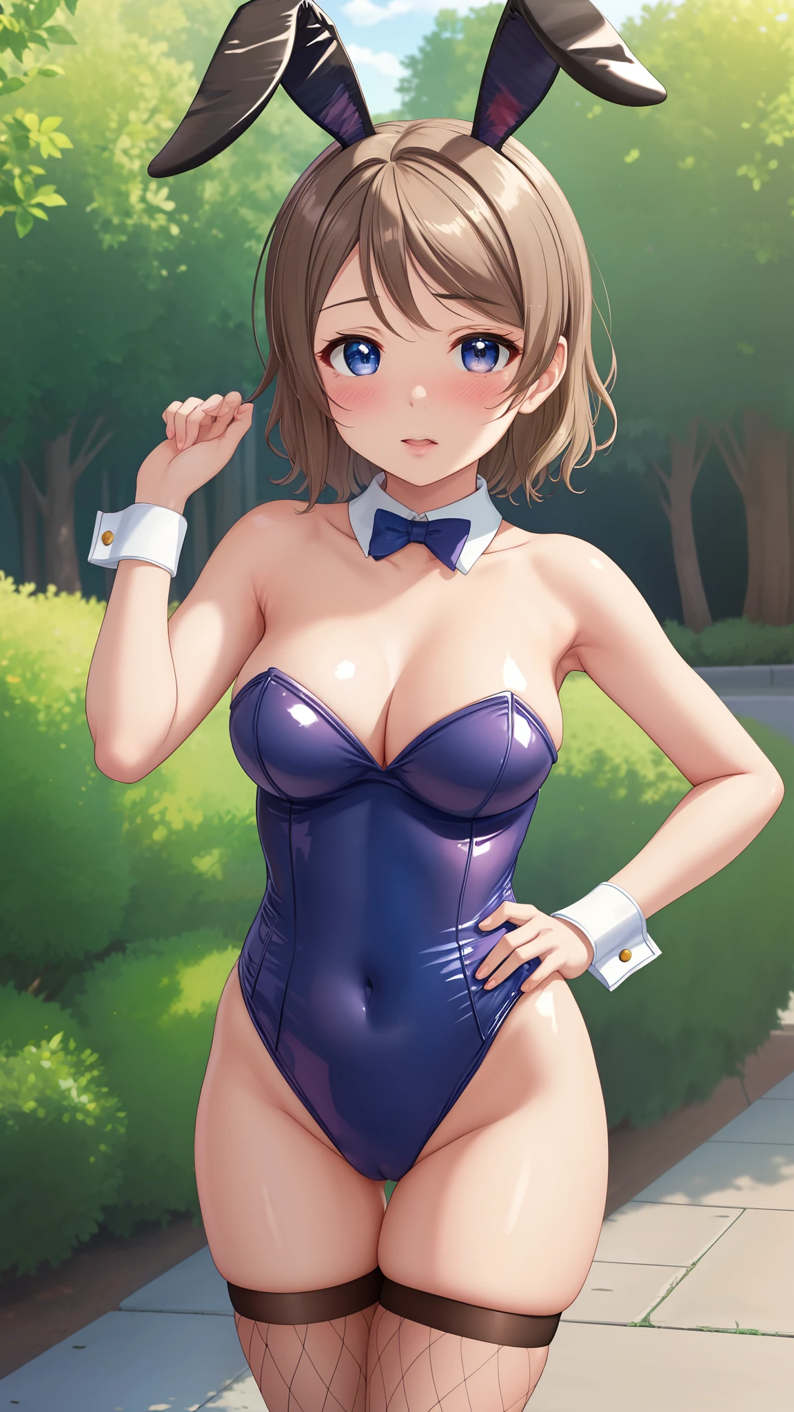 (Masterpiece), 8k wallpaper, solo, Watanabe you, game cg, beautiful detailed face and eyes, perfect anatomy, standing, outside, blush, glossy lips, bunny ears, detached collar, strapless leotard, wrist cuffs, fishnets, bunnygirl