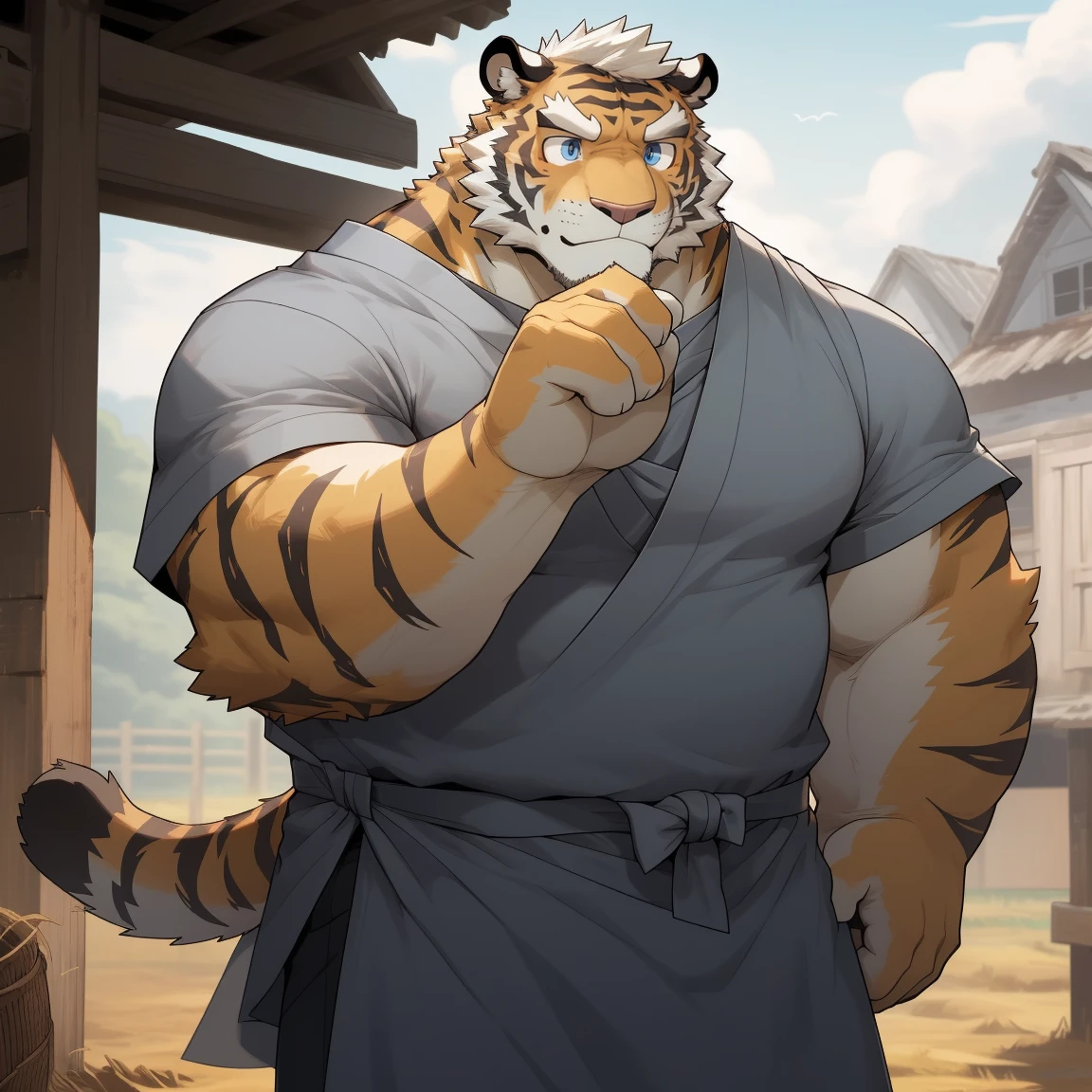 masterpiece, best quality, 8k resolution, Very detailed, hairy，tiger，((White short hair))，Strong body，((Middle-aged uncle))，(((Blue eyes)))，For the audience，portrait，(Highest quality scene)，(((Gray cloth)))，((Solitary))，Black trousers，whole body，((Touching his chin and thinking))，(Mature)，(((rural)))，((yellow fur)),Standing，((farmer))