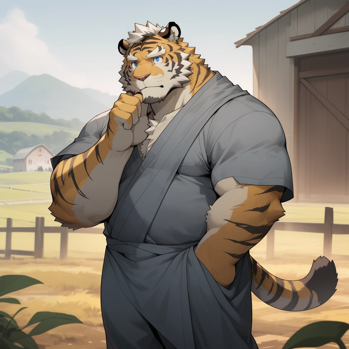 masterpiece, best quality, 8k resolution, Very detailed, hairy,tiger,((White short hair)),Strong body,((Middle-aged uncle)),(((Blue eyes))),For the audience,portrait,(Highest quality scene),(((Gray cloth))),((Solitary)),Black trousers,whole body,((Touching his chin and thinking)),(Mature),(((rural))),((yellow fur)),Standing,((farmer))