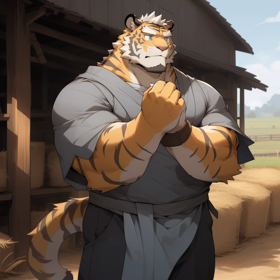 masterpiece, best quality, 8k resolution, Very detailed, hairy,tiger,((White short hair)),Strong body,((Middle-aged uncle)),(((Blue eyes))),For the audience,portrait,(Highest quality scene),(((Gray cloth))),((Solitary)),Black trousers,whole body,((Touching his chin and thinking)),(Mature),(((rural))),((yellow fur)),Standing,((farmer))