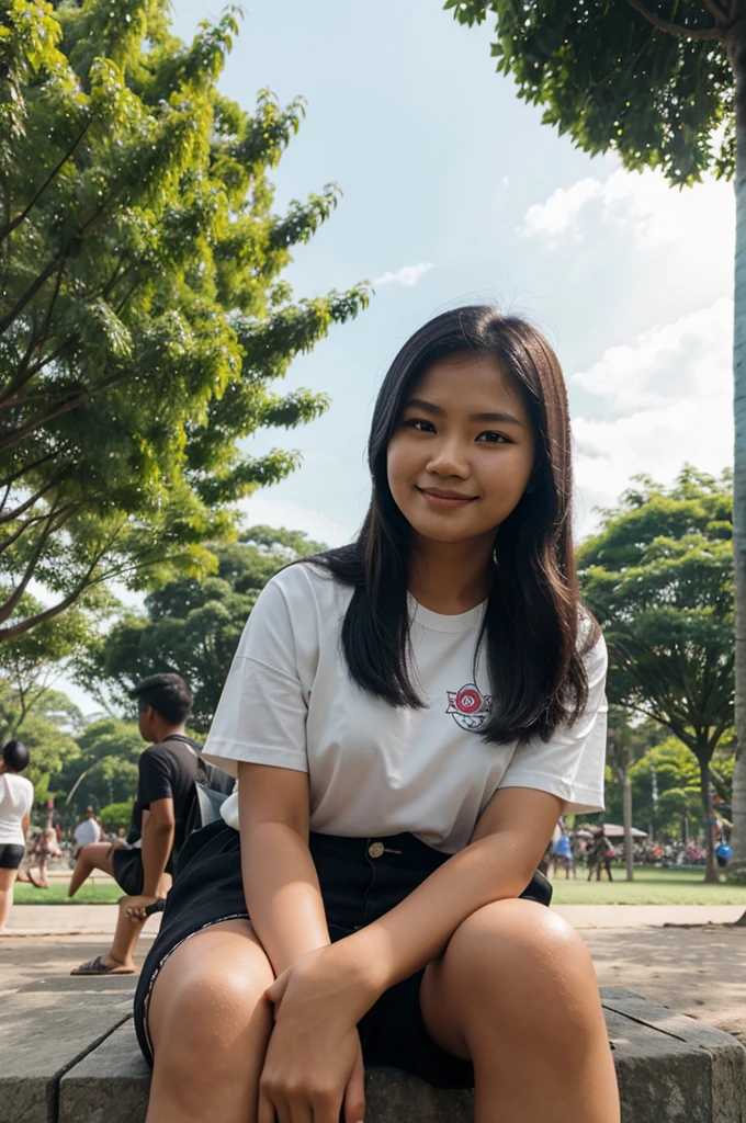 A young Indonesian woman has a sullen while sitting on a large cellphone in the park with a 4D caricature of a smiling face