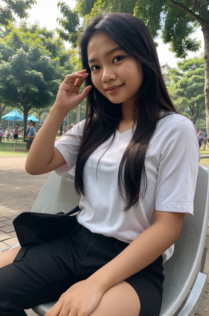 A young Indonesian woman has a sullen while sitting on a large cellphone in the park with a 4D caricature of a smiling face