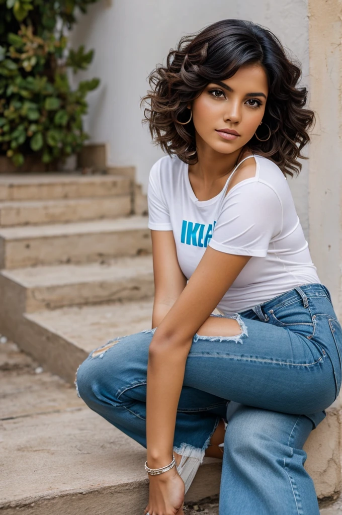 Mujer, piel morena, cabello corto con rulos, remera blanca, jeans, nikon photo camera