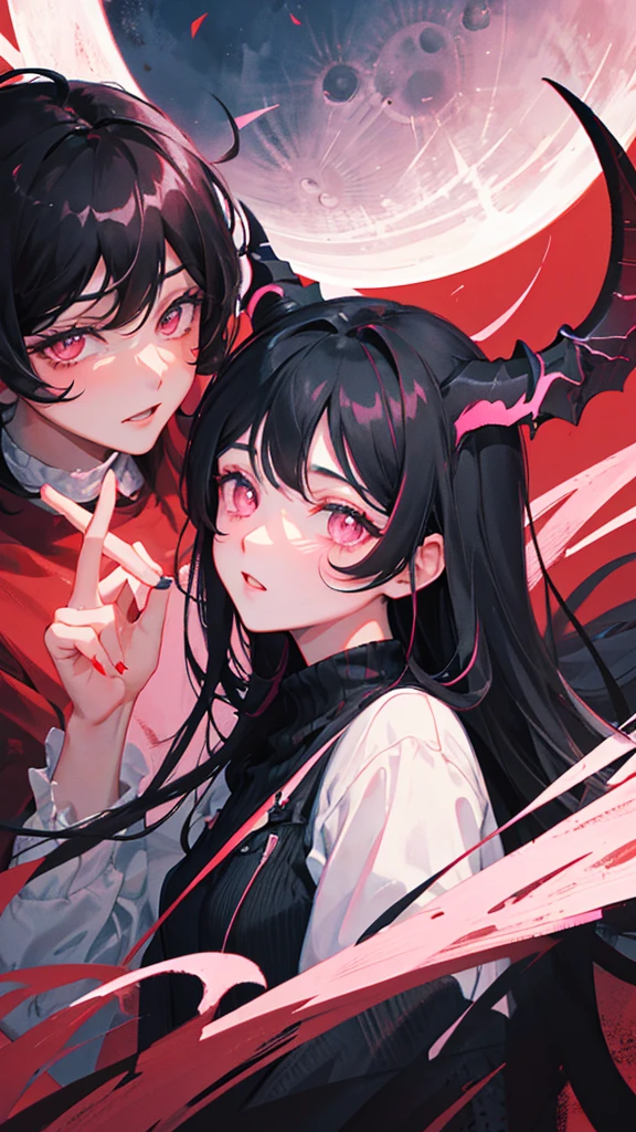 Black Hair　Long Hair　Pink Eyes　moon　Devil horns　Devil&#39;s Wings　Smirking face