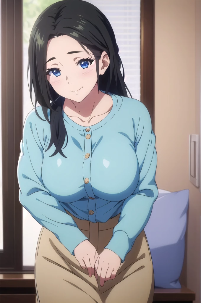 masterpiece, (best quality), 1woman,1girl ,haruhiko_ichijou_mother,  black hair, long hair,  (blue eyes),casual clothes, (skirt),big breasts ,, ,sexy woman,smile, hair between eyes, long sleeves,closed clothes, embarrassed,blush,  , vibrant colors ,natural lighting  ,RTX,  , beautiful, (detailed face:1.2), showcase, (perfect eyes:1.1) ,(photorealistic:1.1), 8k uhd,  looking at viewer, indoors,  simple backround,