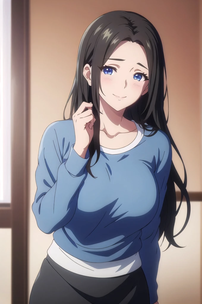 masterpiece, (best quality), 1woman,1girl ,haruhiko_ichijou_mother, black hair, long hair, (blue eyes),casual clothes, (skirt),big breasts ,, ,sexy woman,smile, hair between eyes, long sleeves,closed clothes, embarrassed,blush, , vibrant colors ,natural lighting ,RTX, , beautiful, (detailed face:1.2), showcase, (perfect eyes:1.1) ,(photorealistic:1.1), 8k uhd, looking at viewer, indoors, simple backround,