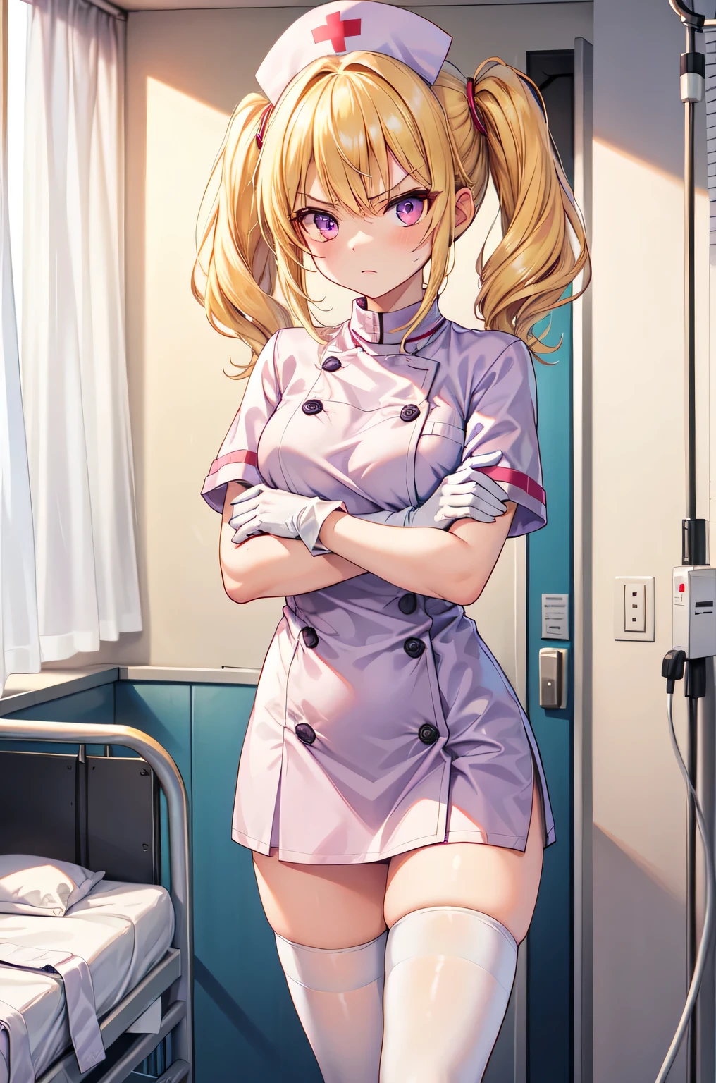 1girl, solo, nurse, nurse cap, white nurse uniform, ((white legwear, zettai ryouiki)), white gloves, twintails, yellow hair, purple eyes, angry, crossed arms, standing, ((hospital room)), sharp outline, short sleeves, best quality, masterpiece