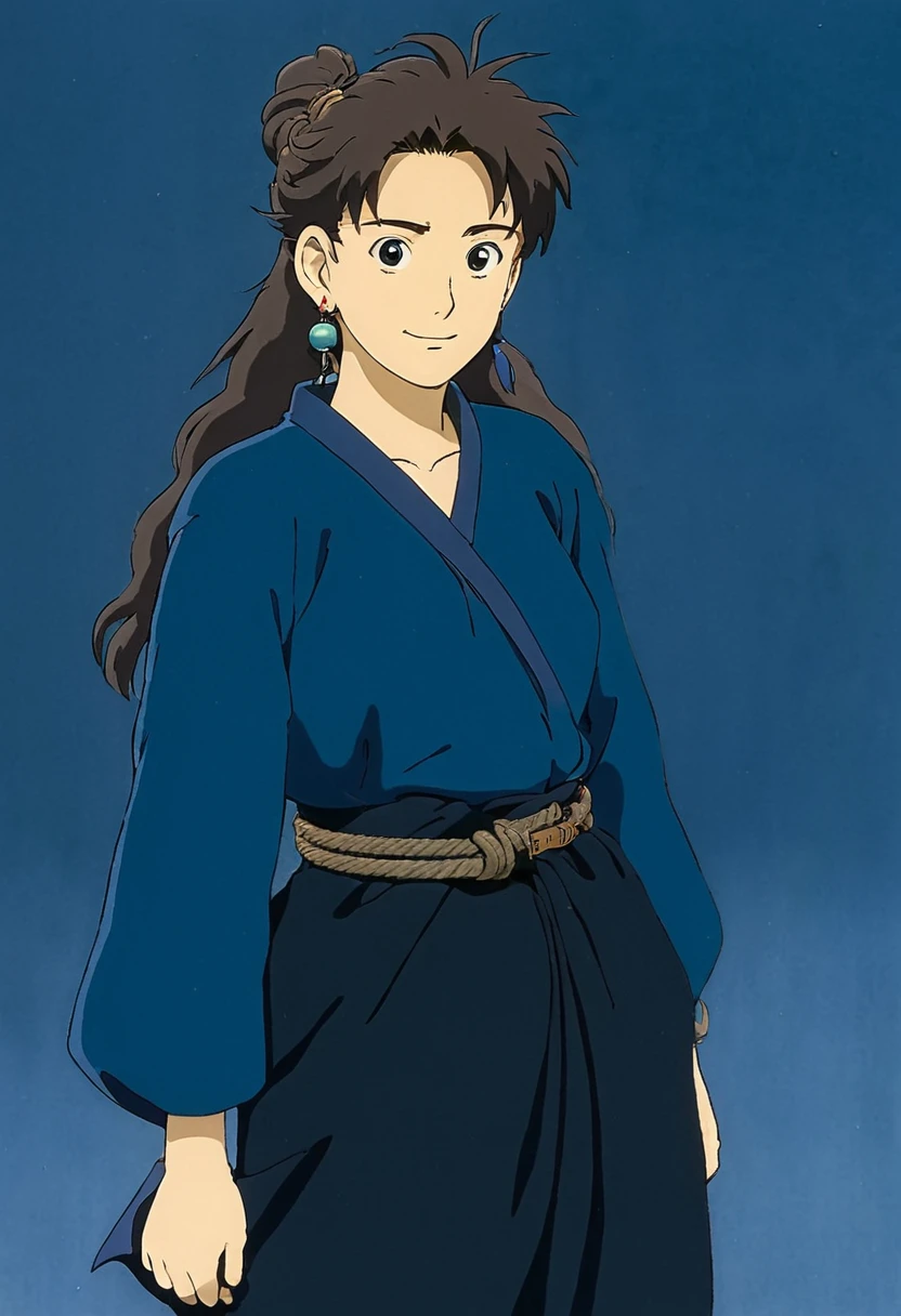 A Ghibli's studio character. With messy hair and dark large clothes. Her belt is a rope and she wear very noticeable earrings