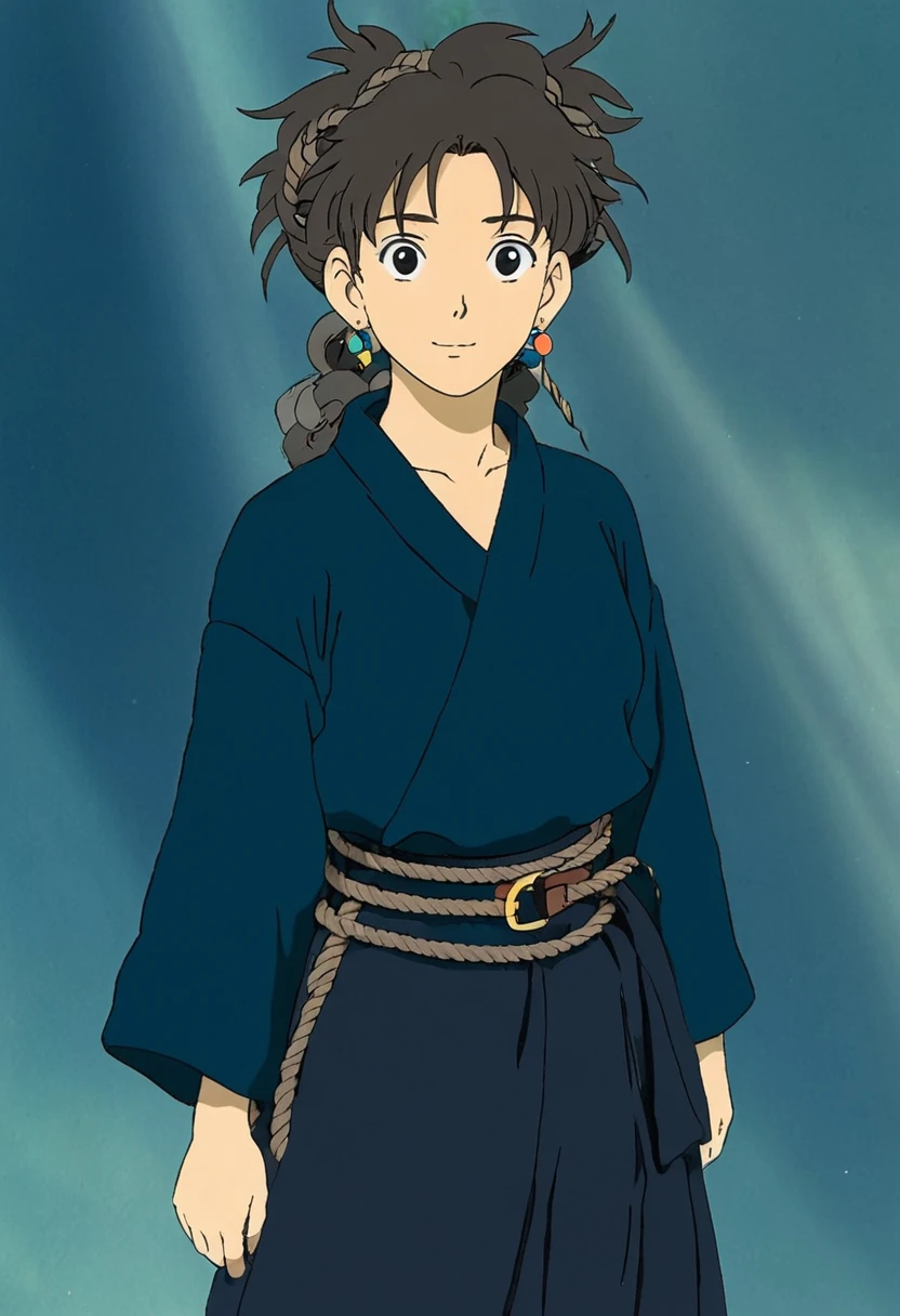 A Ghibli's studio character. With messy hair and dark large clothes. Her belt is a rope and she wear very noticeable earrings 