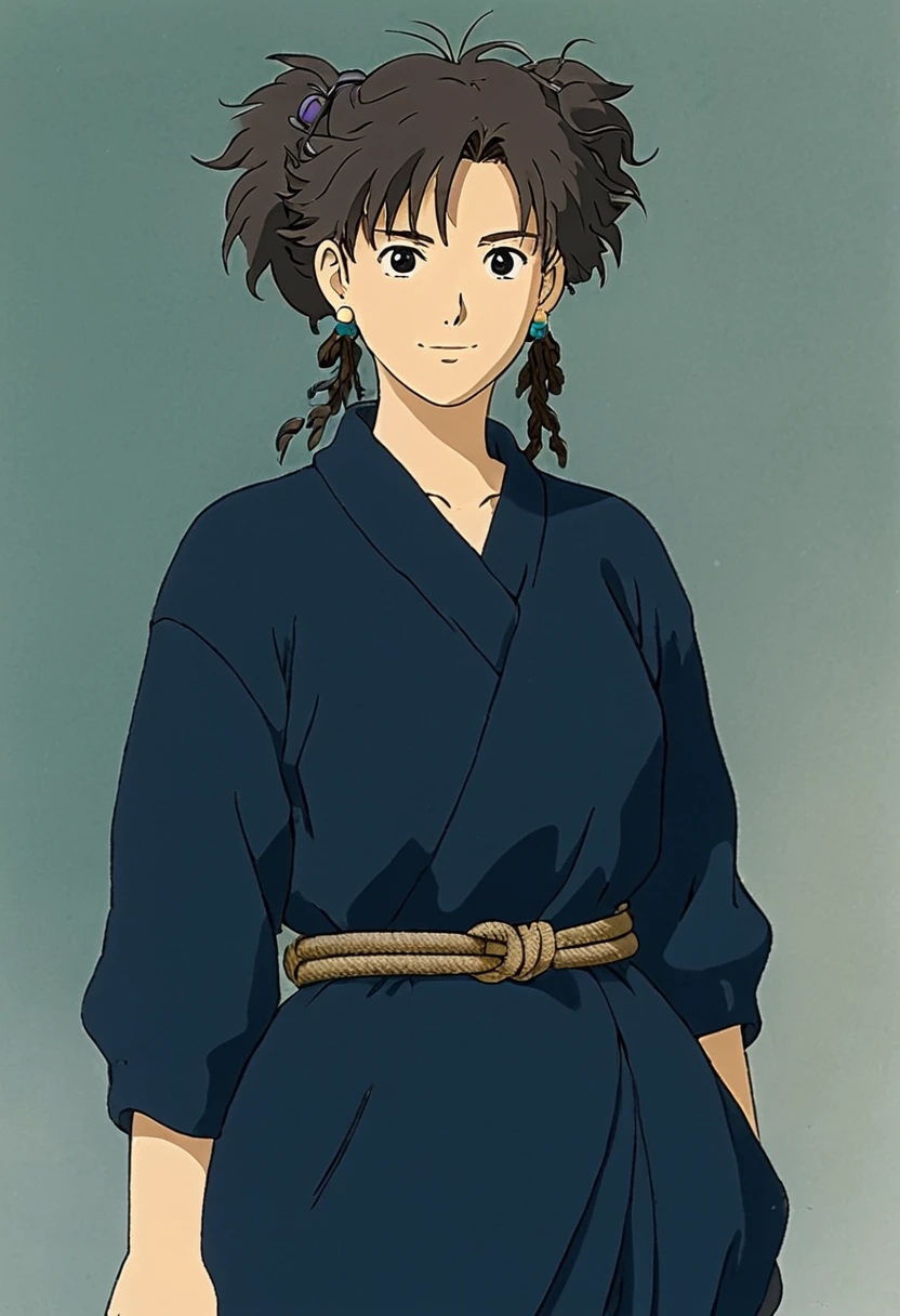 A Ghibli's studio character. With messy hair and dark large clothes. Her belt is a rope and she wear very noticeable earrings 