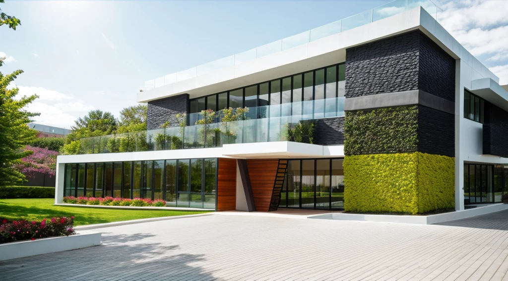 exterior of 2nd office building, contemporary style, glass walll, louver, glass reflect, plants and flowers on terrace, vivid colour, beautiful landscape, stone pavement,cars, realistic, RAW photo, 8k uhd, dslr, soft lighting, high quality, film grain, Fujifilm XT3